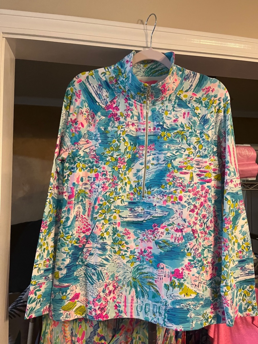 Tropical Floral Quarter-Zip Pullover - Aqua, Pink, Yellow